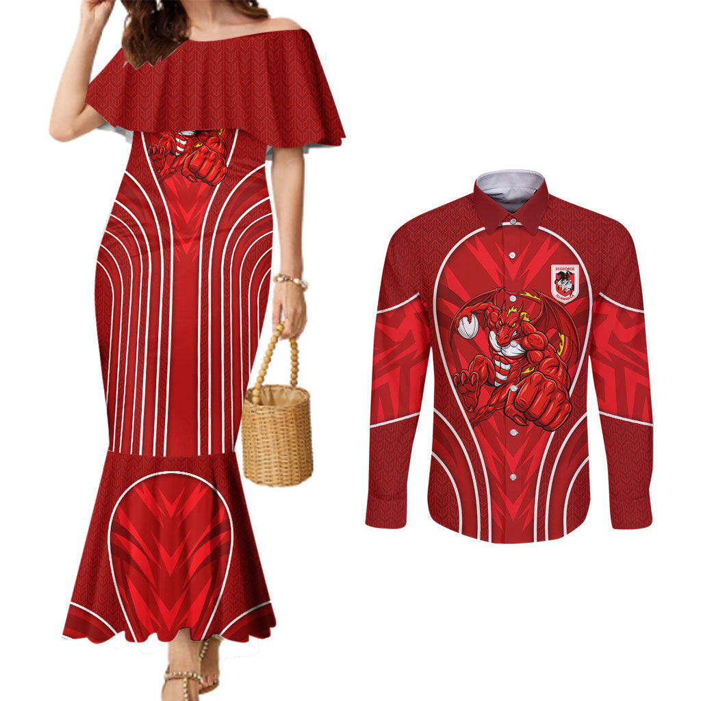 St George Illawarra Dragons Rugby Mascot Couples Matching Mermaid Dress and Long Sleeve Button Shirt Australian Rugby Culture - Tribal Inspired Dragon