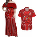St George Illawarra Dragons Rugby Mascot Couples Matching Off Shoulder Maxi Dress and Hawaiian Shirt Australian Rugby Culture - Tribal Inspired Dragon