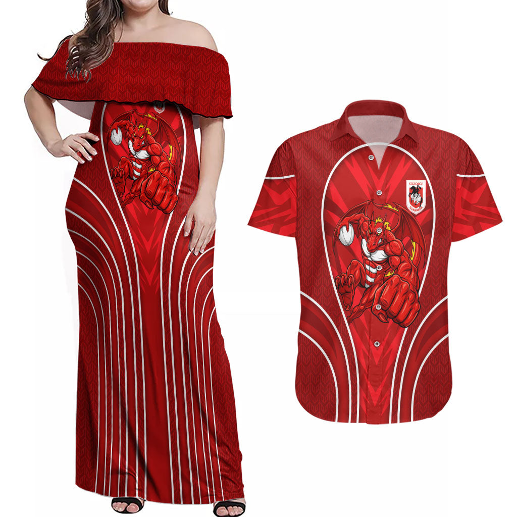 St George Illawarra Dragons Rugby Mascot Couples Matching Off Shoulder Maxi Dress and Hawaiian Shirt Australian Rugby Culture - Tribal Inspired Dragon