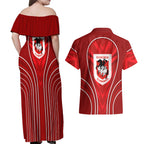 St George Illawarra Dragons Rugby Mascot Couples Matching Off Shoulder Maxi Dress and Hawaiian Shirt Australian Rugby Culture - Tribal Inspired Dragon