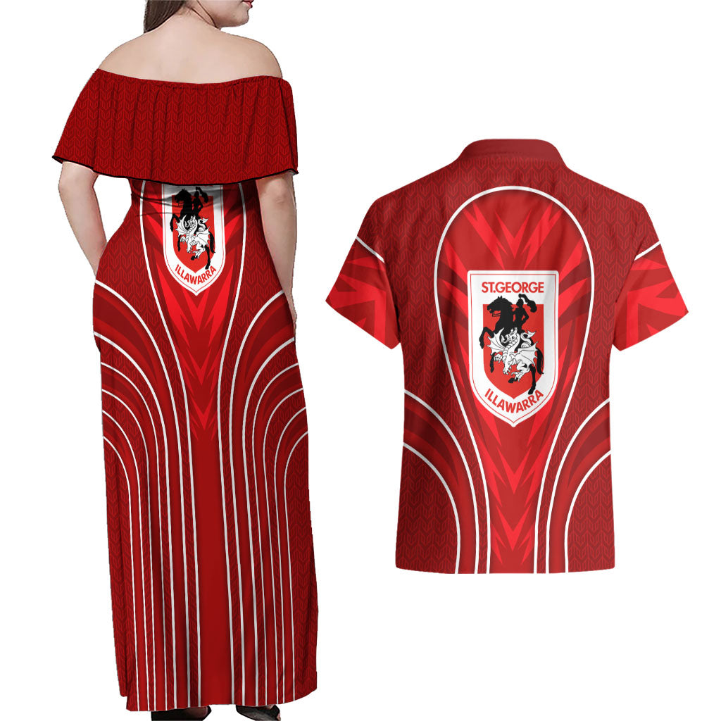 St George Illawarra Dragons Rugby Mascot Couples Matching Off Shoulder Maxi Dress and Hawaiian Shirt Australian Rugby Culture - Tribal Inspired Dragon