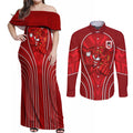 St George Illawarra Dragons Rugby Mascot Couples Matching Off Shoulder Maxi Dress and Long Sleeve Button Shirt Australian Rugby Culture - Tribal Inspired Dragon