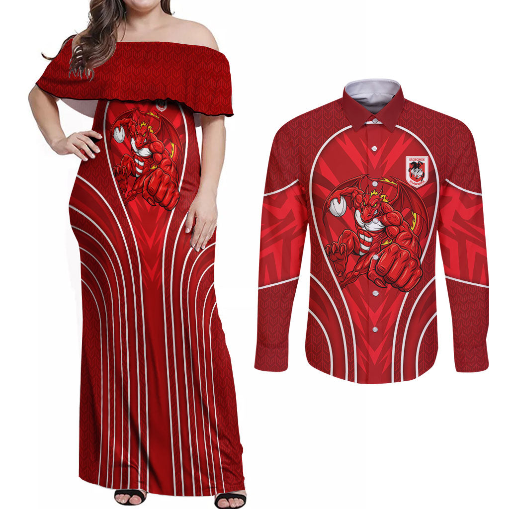 St George Illawarra Dragons Rugby Mascot Couples Matching Off Shoulder Maxi Dress and Long Sleeve Button Shirt Australian Rugby Culture - Tribal Inspired Dragon