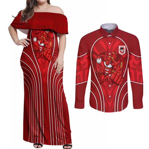 St George Illawarra Dragons Rugby Mascot Couples Matching Off Shoulder Maxi Dress and Long Sleeve Button Shirt Australian Rugby Culture - Tribal Inspired Dragon