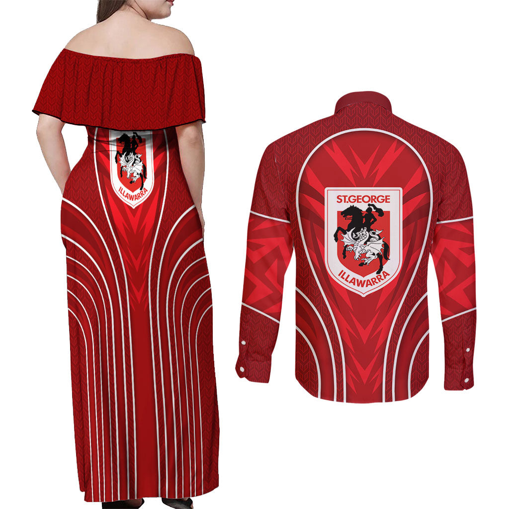 St George Illawarra Dragons Rugby Mascot Couples Matching Off Shoulder Maxi Dress and Long Sleeve Button Shirt Australian Rugby Culture - Tribal Inspired Dragon