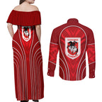 St George Illawarra Dragons Rugby Mascot Couples Matching Off Shoulder Maxi Dress and Long Sleeve Button Shirt Australian Rugby Culture - Tribal Inspired Dragon