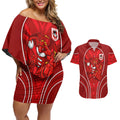St George Illawarra Dragons Rugby Mascot Couples Matching Off Shoulder Short Dress and Hawaiian Shirt Australian Rugby Culture - Tribal Inspired Dragon