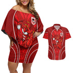 St George Illawarra Dragons Rugby Mascot Couples Matching Off Shoulder Short Dress and Hawaiian Shirt Australian Rugby Culture - Tribal Inspired Dragon