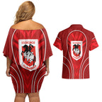 St George Illawarra Dragons Rugby Mascot Couples Matching Off Shoulder Short Dress and Hawaiian Shirt Australian Rugby Culture - Tribal Inspired Dragon