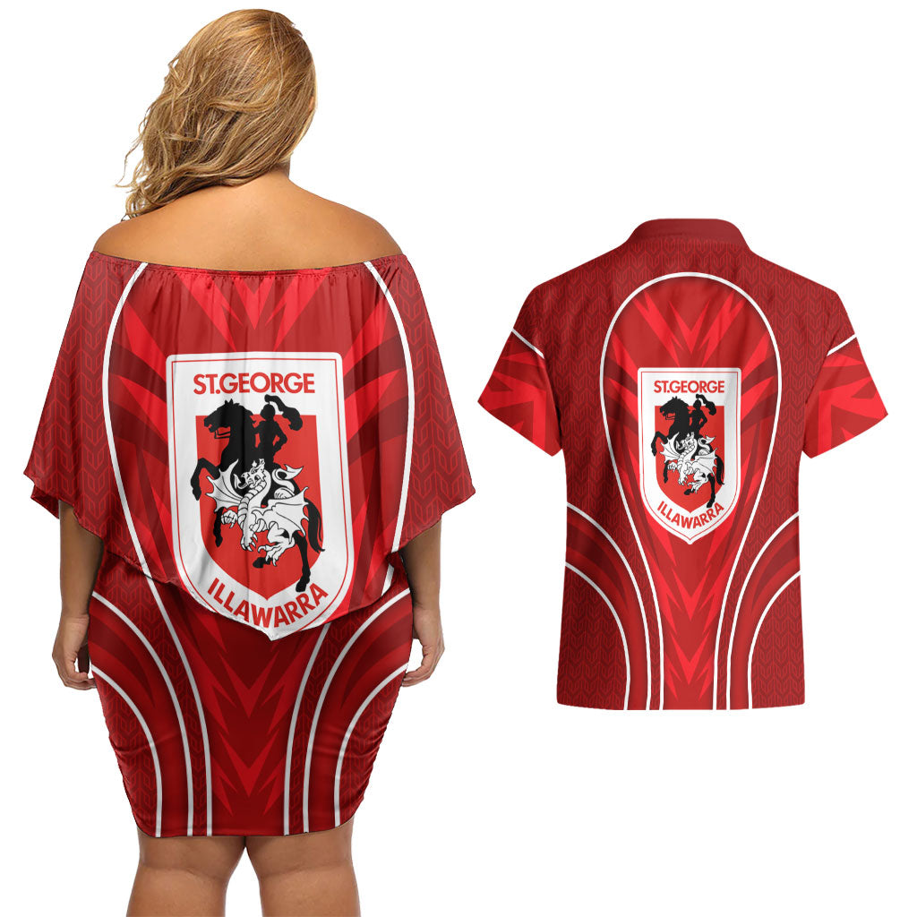 St George Illawarra Dragons Rugby Mascot Couples Matching Off Shoulder Short Dress and Hawaiian Shirt Australian Rugby Culture - Tribal Inspired Dragon