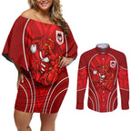 St George Illawarra Dragons Rugby Mascot Couples Matching Off Shoulder Short Dress and Long Sleeve Button Shirt Australian Rugby Culture - Tribal Inspired Dragon