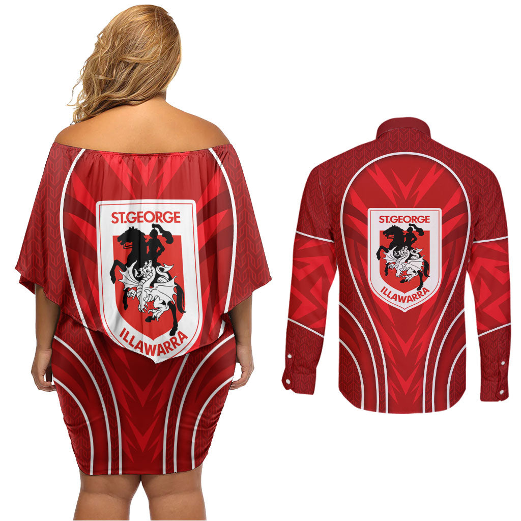 St George Illawarra Dragons Rugby Mascot Couples Matching Off Shoulder Short Dress and Long Sleeve Button Shirt Australian Rugby Culture - Tribal Inspired Dragon