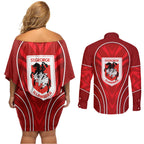 St George Illawarra Dragons Rugby Mascot Couples Matching Off Shoulder Short Dress and Long Sleeve Button Shirt Australian Rugby Culture - Tribal Inspired Dragon