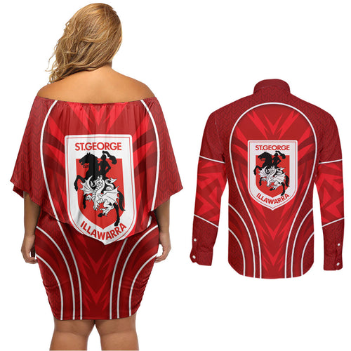St George Illawarra Dragons Rugby Mascot Couples Matching Off Shoulder Short Dress and Long Sleeve Button Shirt Australian Rugby Culture - Tribal Inspired Dragon