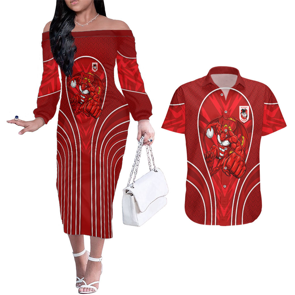 St George Illawarra Dragons Rugby Mascot Couples Matching Off The Shoulder Long Sleeve Dress and Hawaiian Shirt Australian Rugby Culture - Tribal Inspired Dragon