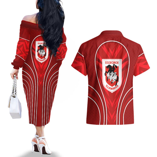 St George Illawarra Dragons Rugby Mascot Couples Matching Off The Shoulder Long Sleeve Dress and Hawaiian Shirt Australian Rugby Culture - Tribal Inspired Dragon