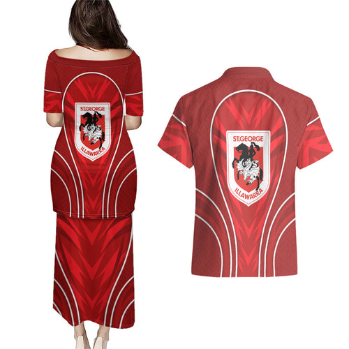 St George Illawarra Dragons Rugby Mascot Couples Matching Puletasi and Hawaiian Shirt Australian Rugby Culture - Tribal Inspired Dragon