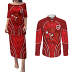 St George Illawarra Dragons Rugby Mascot Couples Matching Puletasi and Long Sleeve Button Shirt Australian Rugby Culture - Tribal Inspired Dragon