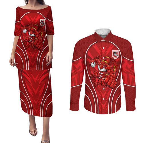 St George Illawarra Dragons Rugby Mascot Couples Matching Puletasi and Long Sleeve Button Shirt Australian Rugby Culture - Tribal Inspired Dragon