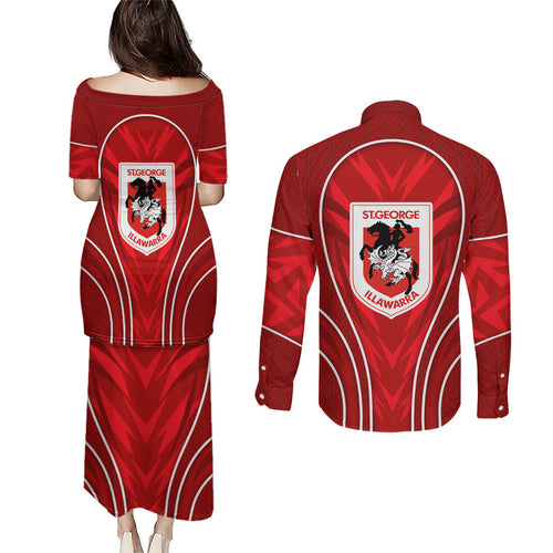 St George Illawarra Dragons Rugby Mascot Couples Matching Puletasi and Long Sleeve Button Shirt Australian Rugby Culture - Tribal Inspired Dragon