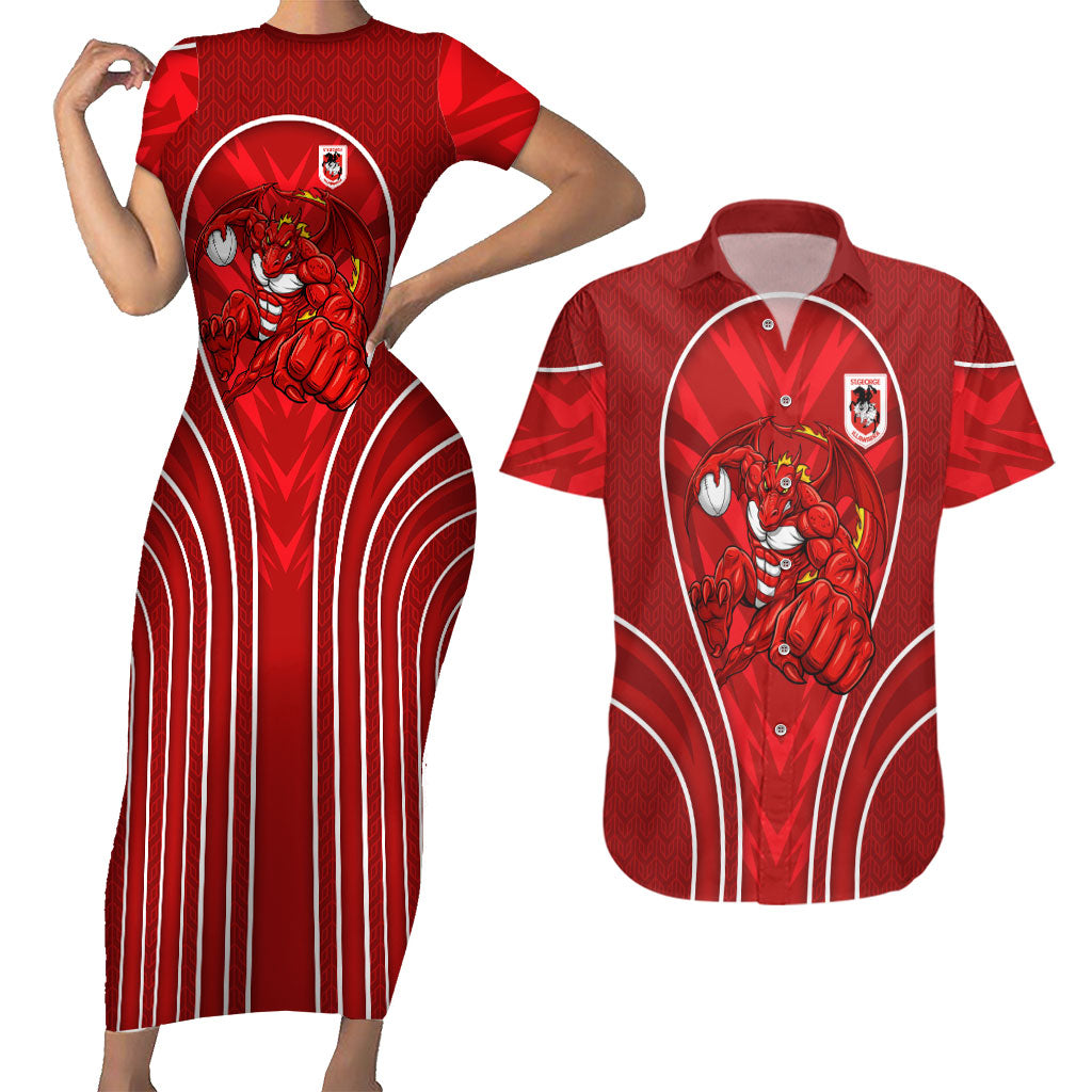 St George Illawarra Dragons Rugby Mascot Couples Matching Short Sleeve Bodycon Dress and Hawaiian Shirt Australian Rugby Culture - Tribal Inspired Dragon