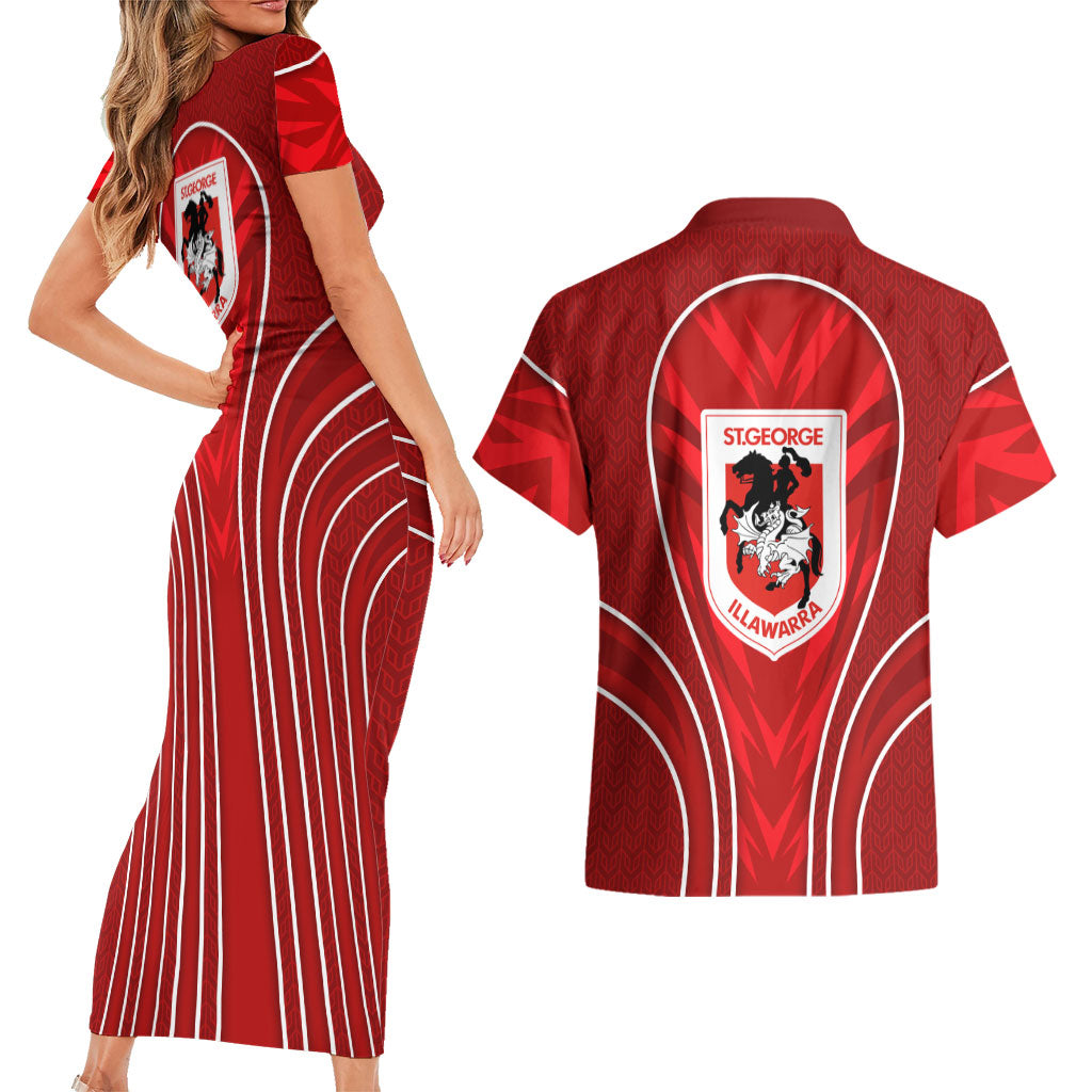 St George Illawarra Dragons Rugby Mascot Couples Matching Short Sleeve Bodycon Dress and Hawaiian Shirt Australian Rugby Culture - Tribal Inspired Dragon