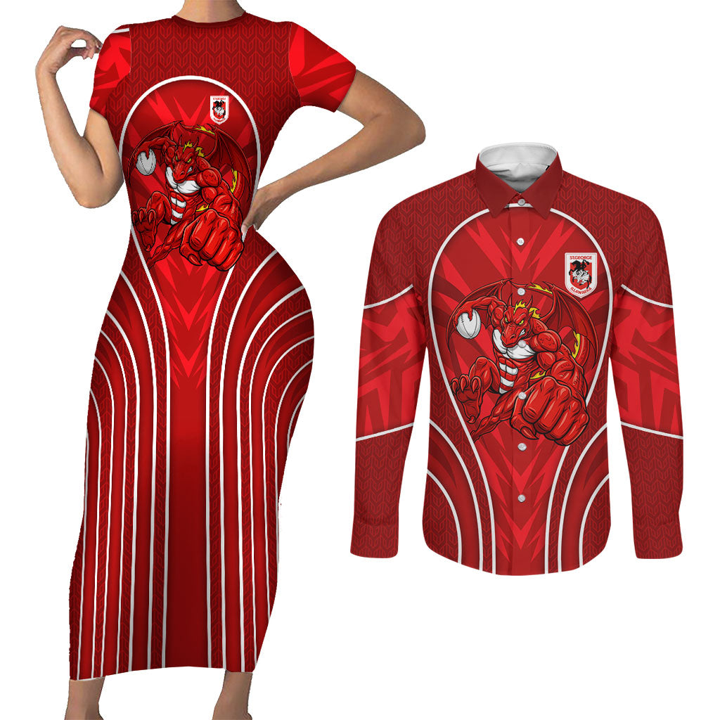 St George Illawarra Dragons Rugby Mascot Couples Matching Short Sleeve Bodycon Dress and Long Sleeve Button Shirt Australian Rugby Culture - Tribal Inspired Dragon