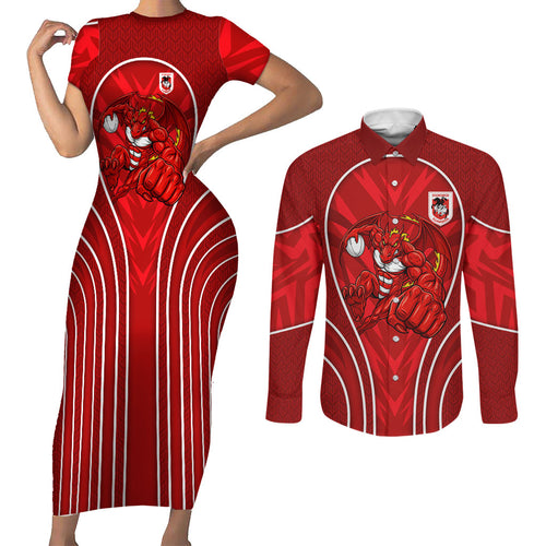 St George Illawarra Dragons Rugby Mascot Couples Matching Short Sleeve Bodycon Dress and Long Sleeve Button Shirt Australian Rugby Culture - Tribal Inspired Dragon