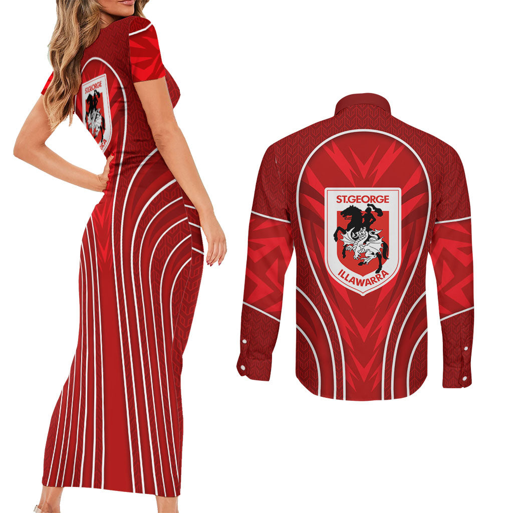 St George Illawarra Dragons Rugby Mascot Couples Matching Short Sleeve Bodycon Dress and Long Sleeve Button Shirt Australian Rugby Culture - Tribal Inspired Dragon