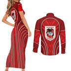 St George Illawarra Dragons Rugby Mascot Couples Matching Short Sleeve Bodycon Dress and Long Sleeve Button Shirt Australian Rugby Culture - Tribal Inspired Dragon