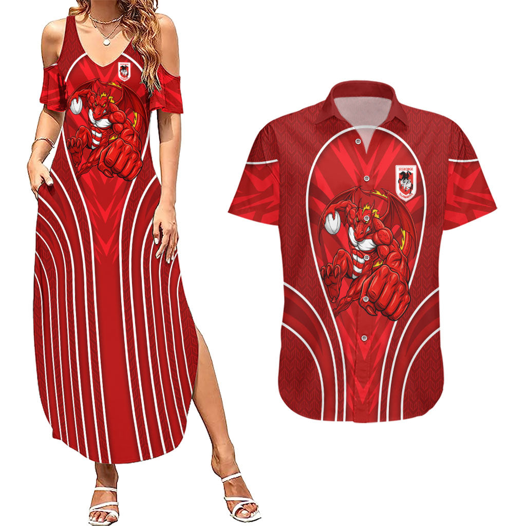 St George Illawarra Dragons Rugby Mascot Couples Matching Summer Maxi Dress and Hawaiian Shirt Australian Rugby Culture - Tribal Inspired Dragon