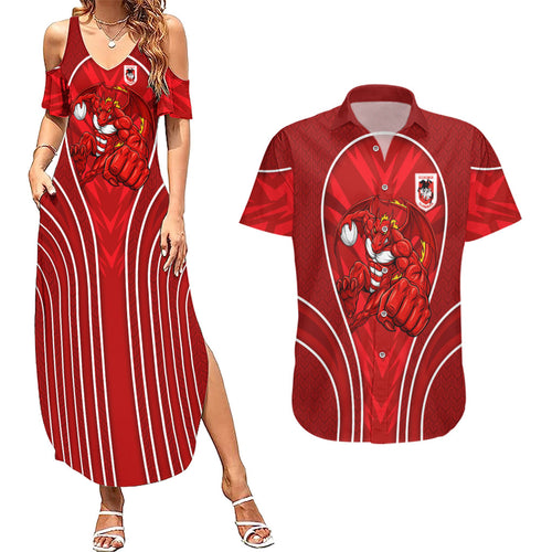 St George Illawarra Dragons Rugby Mascot Couples Matching Summer Maxi Dress and Hawaiian Shirt Australian Rugby Culture - Tribal Inspired Dragon