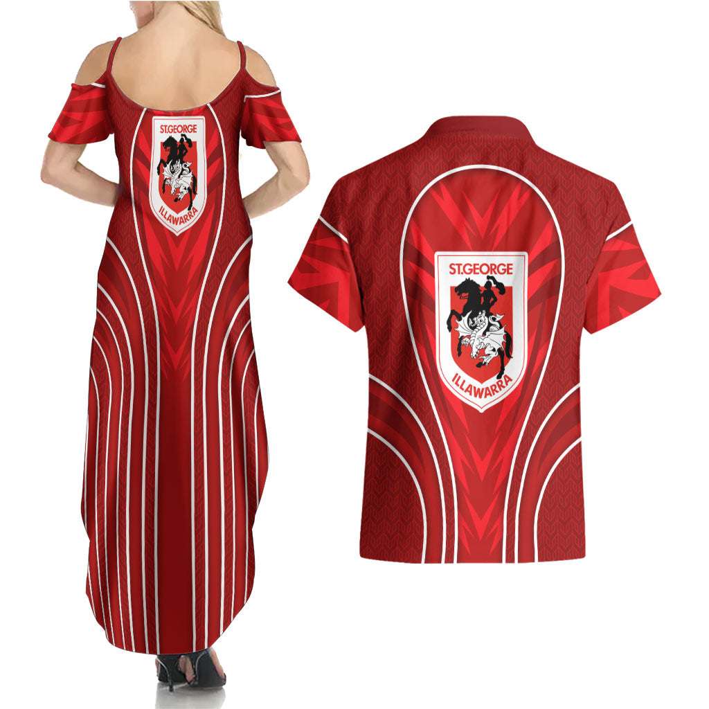 St George Illawarra Dragons Rugby Mascot Couples Matching Summer Maxi Dress and Hawaiian Shirt Australian Rugby Culture - Tribal Inspired Dragon