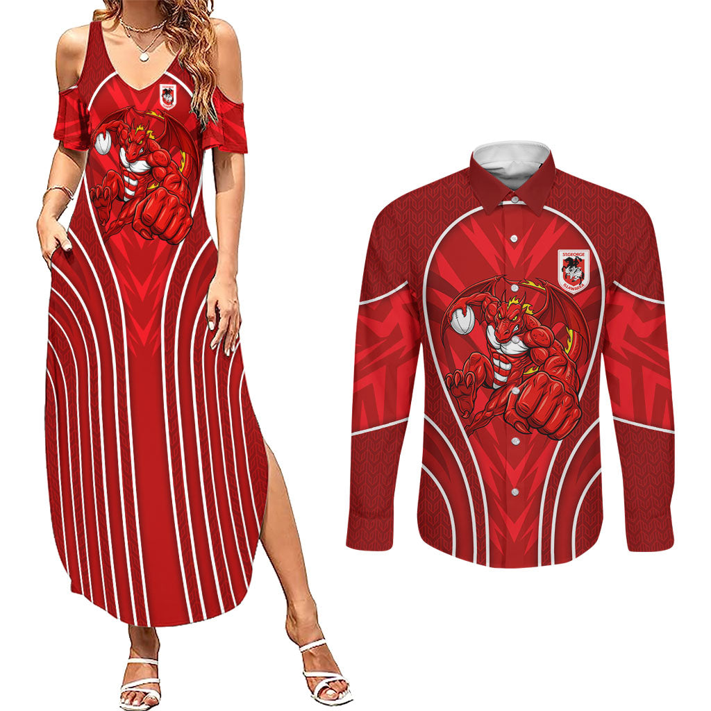 St George Illawarra Dragons Rugby Mascot Couples Matching Summer Maxi Dress and Long Sleeve Button Shirt Australian Rugby Culture - Tribal Inspired Dragon