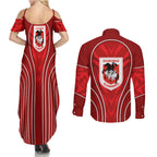 St George Illawarra Dragons Rugby Mascot Couples Matching Summer Maxi Dress and Long Sleeve Button Shirt Australian Rugby Culture - Tribal Inspired Dragon