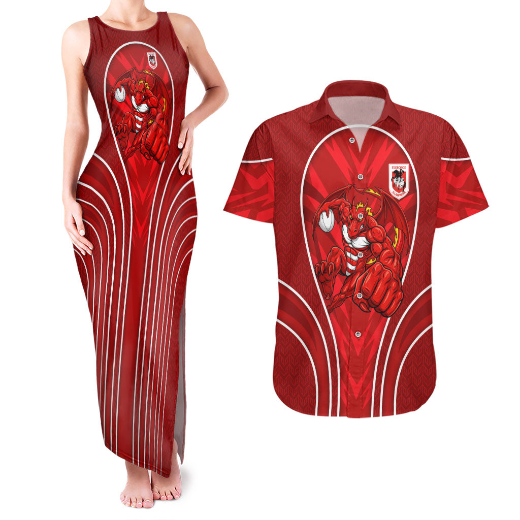 St George Illawarra Dragons Rugby Mascot Couples Matching Tank Maxi Dress and Hawaiian Shirt Australian Rugby Culture - Tribal Inspired Dragon