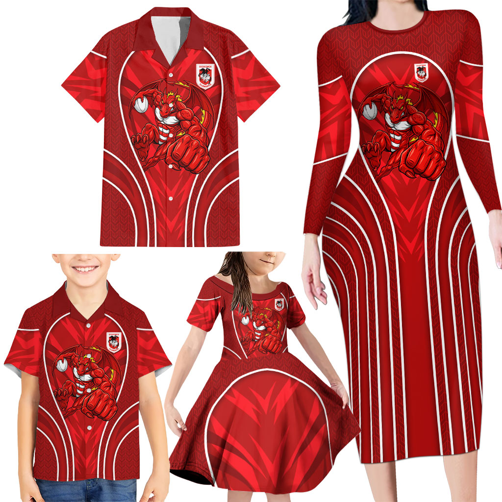 St George Illawarra Dragons Rugby Mascot Family Matching Long Sleeve Bodycon Dress and Hawaiian Shirt Australian Rugby Culture - Tribal Inspired Dragon