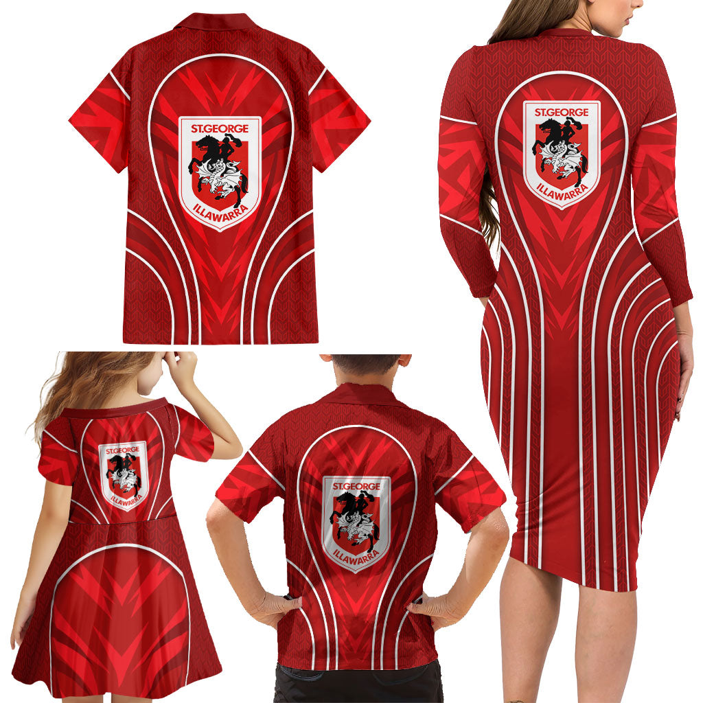 St George Illawarra Dragons Rugby Mascot Family Matching Long Sleeve Bodycon Dress and Hawaiian Shirt Australian Rugby Culture - Tribal Inspired Dragon