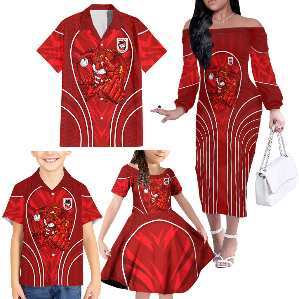 St George Illawarra Dragons Rugby Mascot Family Matching Off The Shoulder Long Sleeve Dress and Hawaiian Shirt Australian Rugby Culture - Tribal Inspired Dragon