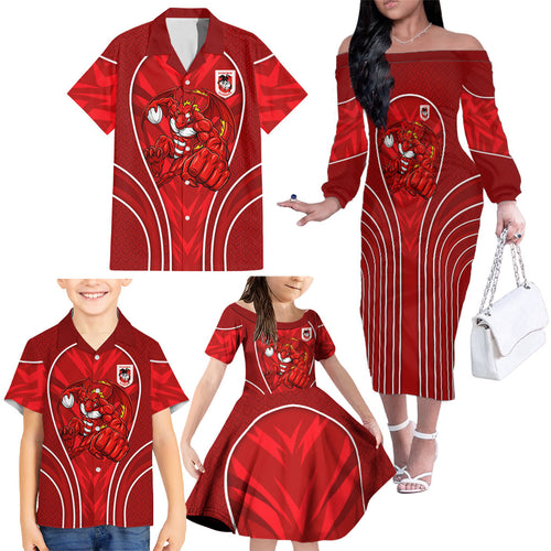 St George Illawarra Dragons Rugby Mascot Family Matching Off The Shoulder Long Sleeve Dress and Hawaiian Shirt Australian Rugby Culture - Tribal Inspired Dragon