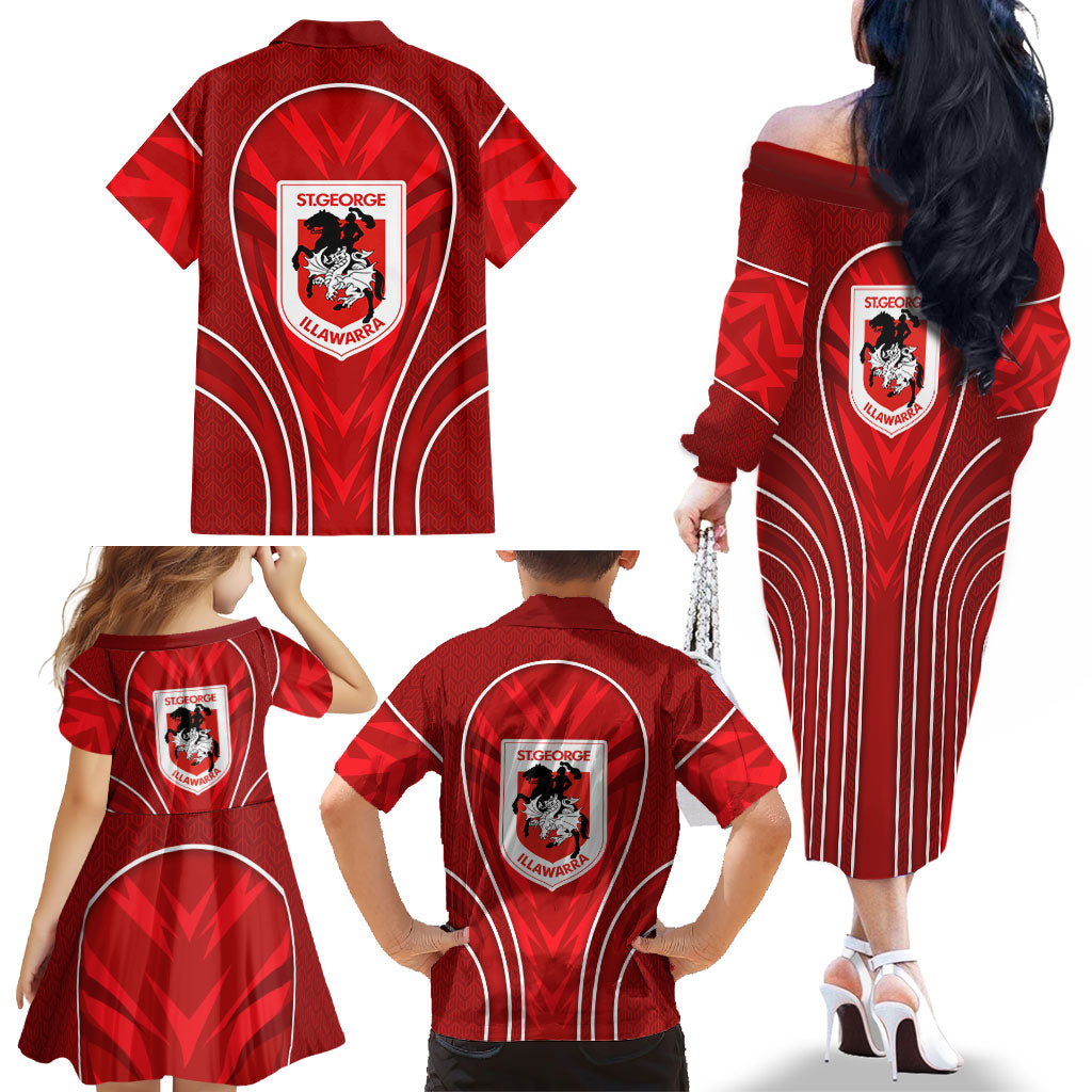 St George Illawarra Dragons Rugby Mascot Family Matching Off The Shoulder Long Sleeve Dress and Hawaiian Shirt Australian Rugby Culture - Tribal Inspired Dragon