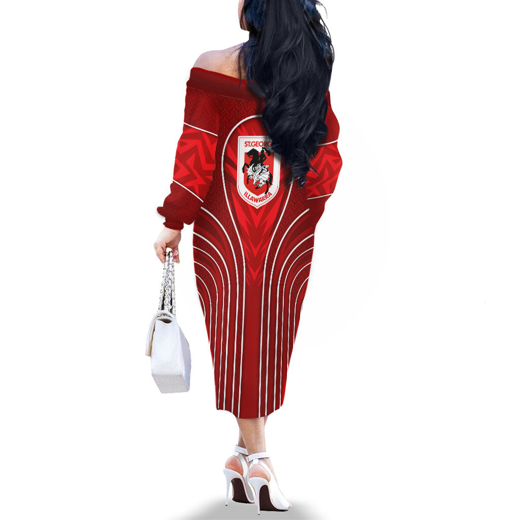 St George Illawarra Dragons Rugby Mascot Family Matching Off The Shoulder Long Sleeve Dress and Hawaiian Shirt Australian Rugby Culture - Tribal Inspired Dragon