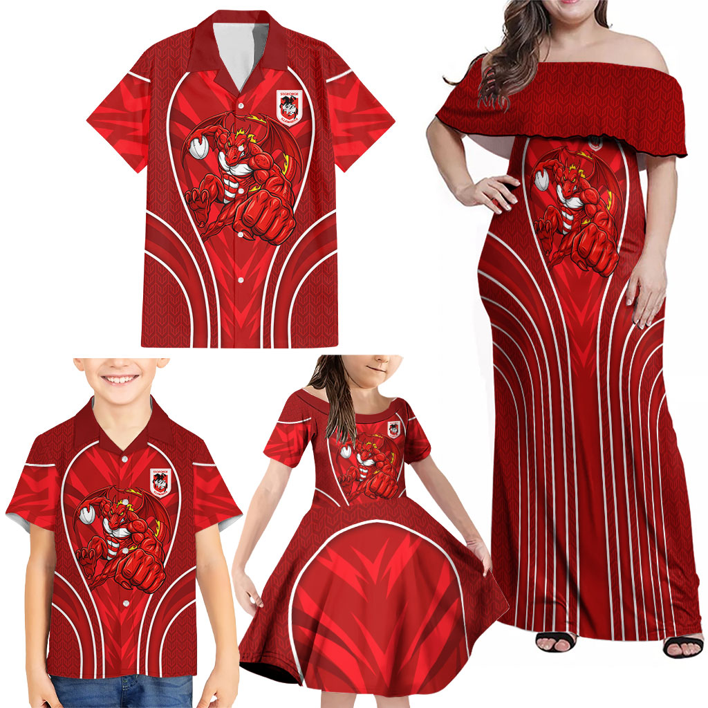 St George Illawarra Dragons Rugby Mascot Family Matching Off Shoulder Maxi Dress and Hawaiian Shirt Australian Rugby Culture - Tribal Inspired Dragon