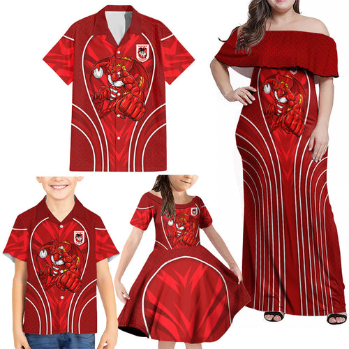 St George Illawarra Dragons Rugby Mascot Family Matching Off Shoulder Maxi Dress and Hawaiian Shirt Australian Rugby Culture - Tribal Inspired Dragon