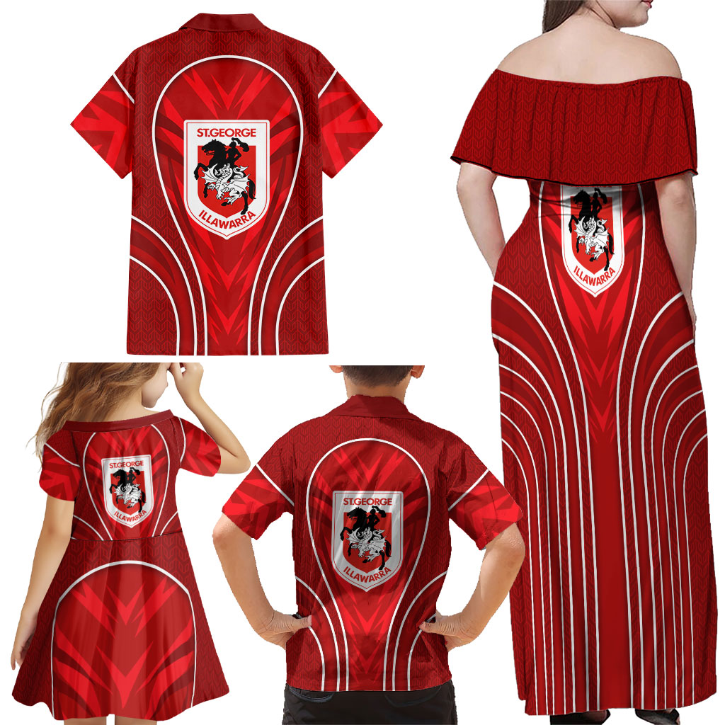 St George Illawarra Dragons Rugby Mascot Family Matching Off Shoulder Maxi Dress and Hawaiian Shirt Australian Rugby Culture - Tribal Inspired Dragon