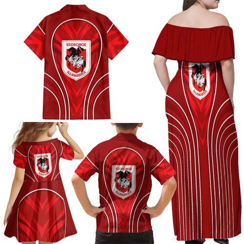 St George Illawarra Dragons Rugby Mascot Family Matching Off Shoulder Maxi Dress and Hawaiian Shirt Australian Rugby Culture - Tribal Inspired Dragon