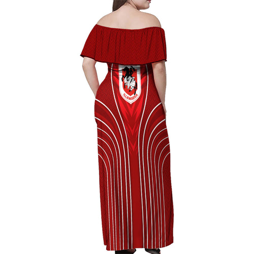St George Illawarra Dragons Rugby Mascot Family Matching Off Shoulder Maxi Dress and Hawaiian Shirt Australian Rugby Culture - Tribal Inspired Dragon