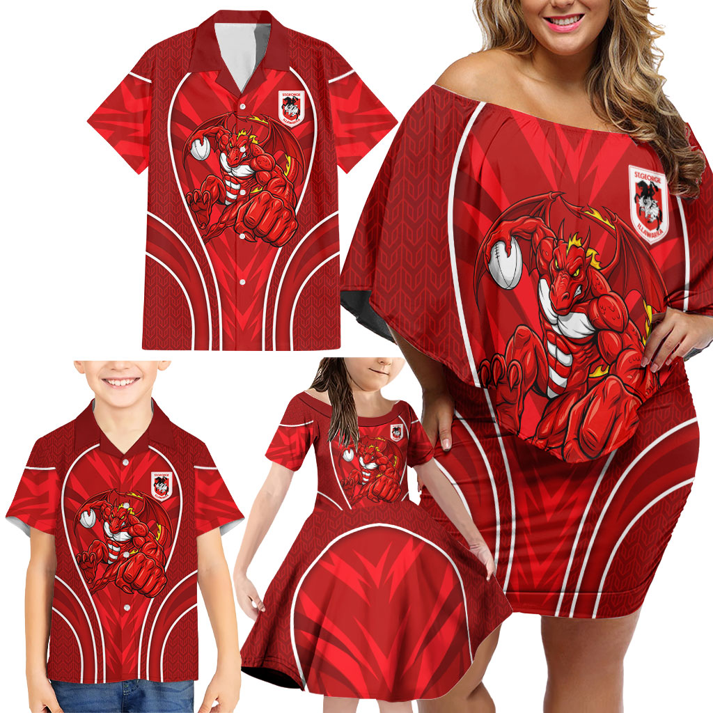 St George Illawarra Dragons Rugby Mascot Family Matching Off Shoulder Short Dress and Hawaiian Shirt Australian Rugby Culture - Tribal Inspired Dragon