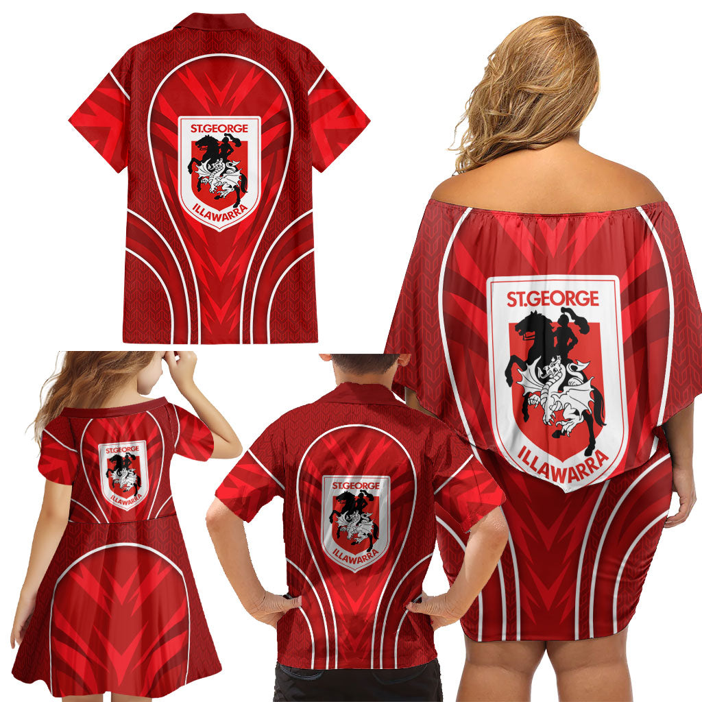 St George Illawarra Dragons Rugby Mascot Family Matching Off Shoulder Short Dress and Hawaiian Shirt Australian Rugby Culture - Tribal Inspired Dragon