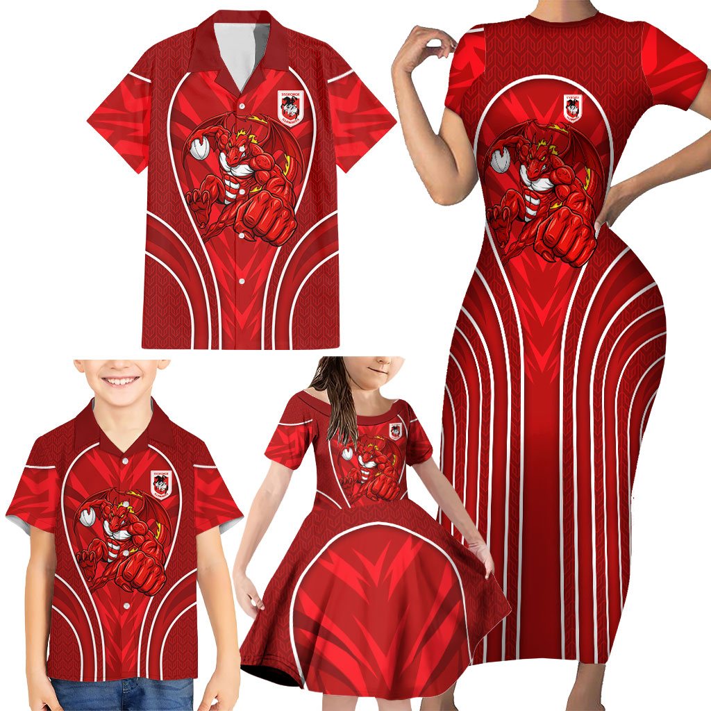 St George Illawarra Dragons Rugby Mascot Family Matching Short Sleeve Bodycon Dress and Hawaiian Shirt Australian Rugby Culture - Tribal Inspired Dragon